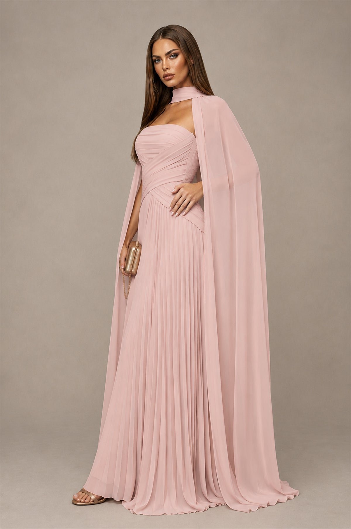 BOLODOO Blush Pink Strapless Crossover Ruched Bodice Detached Turtleneck Cape Lace-Up Back Pleated Chiffon Maxi Dress - Blush Pink