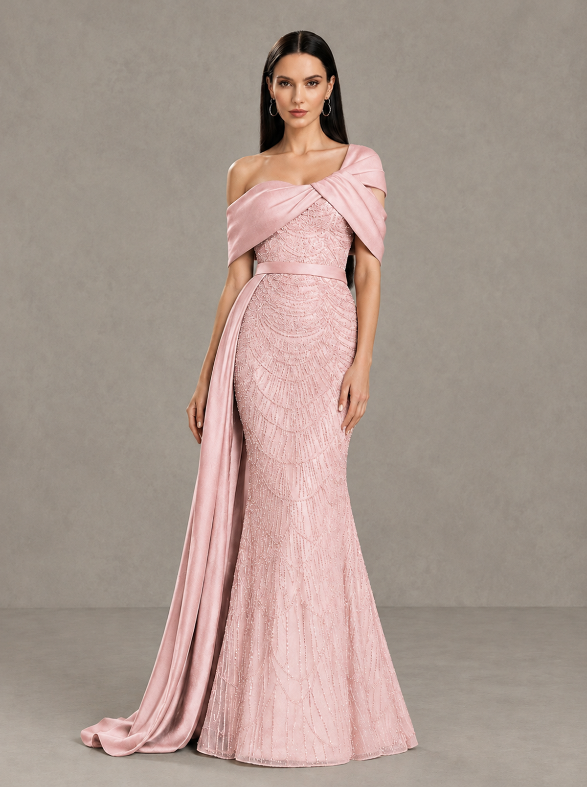 BOLODOO Blush Pink Asymmetric Draped Mermaid Evening Gown with Train - Blush Pink - Blush Pink (3)