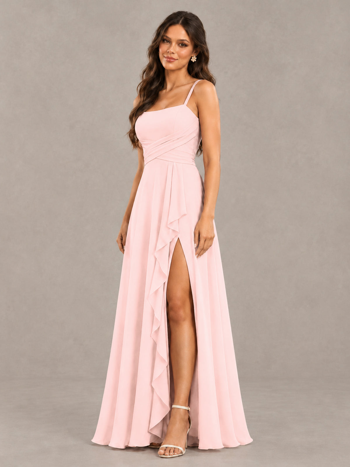 BOLODOO Blush Pink Spaghetti Strap Ruffle Bridesmaid Dress with Slit - Blush Pink - Blush Pink (3)