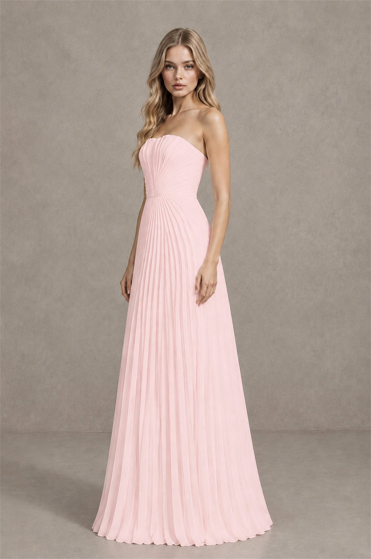 BOLODOO Blush Pink Strapless Sunburst Pleated Twisted Knot Lace-Up Back Accordion Pleated Chiffon Maxi Dress - Blush Pink