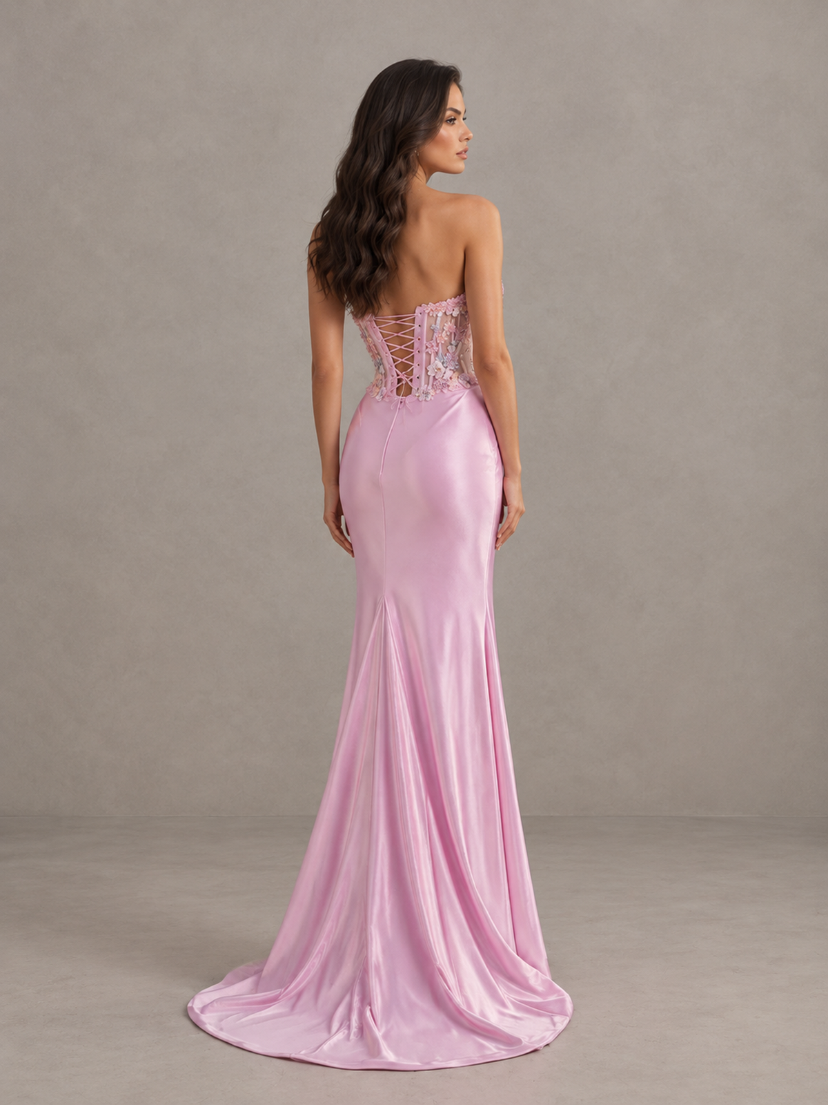 Blush Pink Strapless Floral Applique Prom Dress with High Slit - Blush Pink - Blush Pink (3)