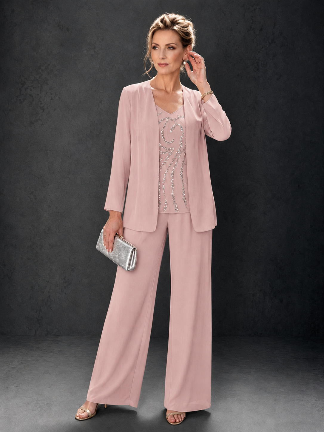 BOLODOO Blush Pink 3-Piece Mother of the Bride Pant Suit with Beaded Top & Chiffon Jacket - Blush Pink