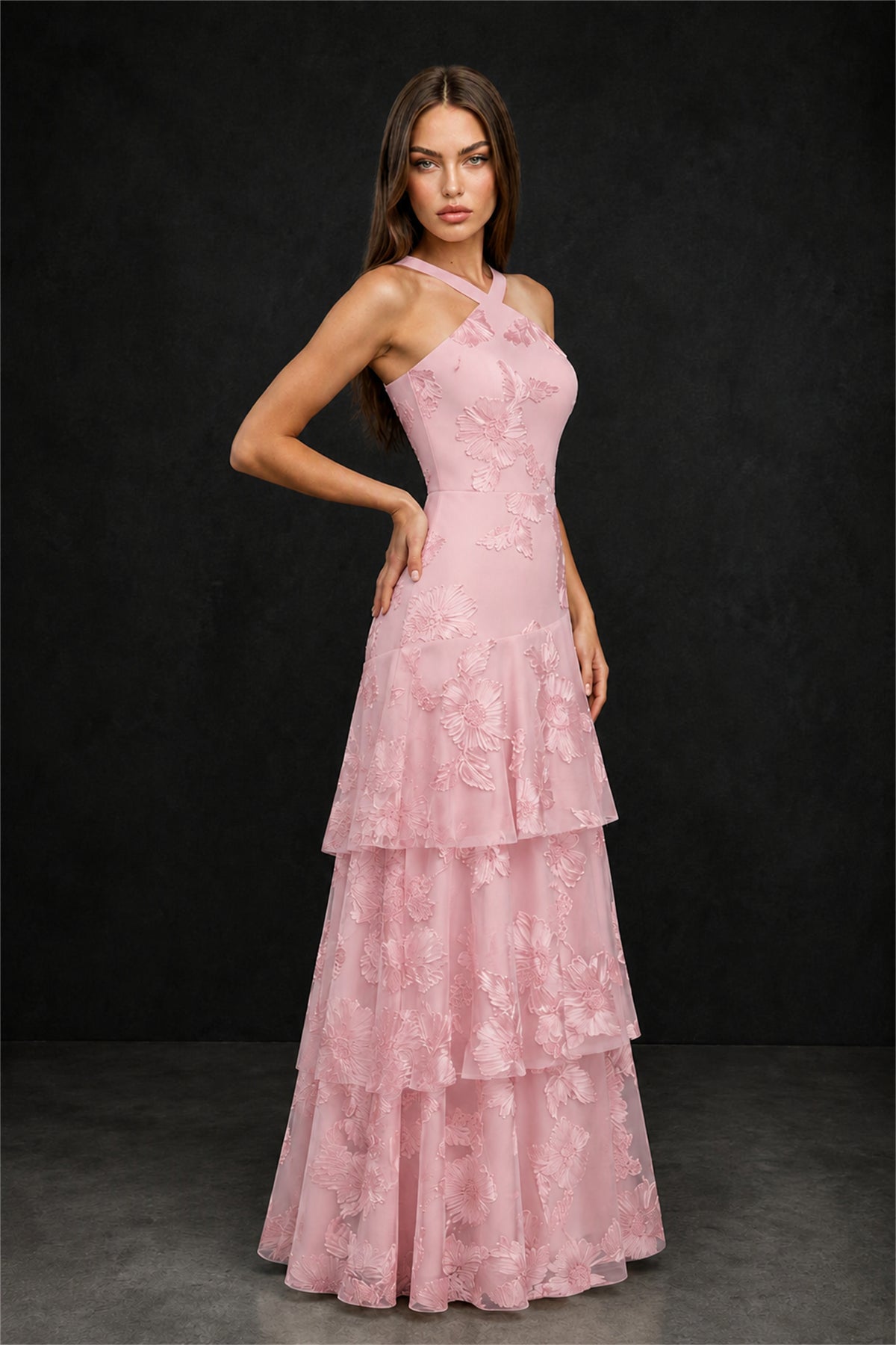 BOLODOO Blush Pink Crisscross Halter Neck Blush Pink Floral Embroidered Triple Tiered A-Line Tulle Maxi Dress - Blush Pink