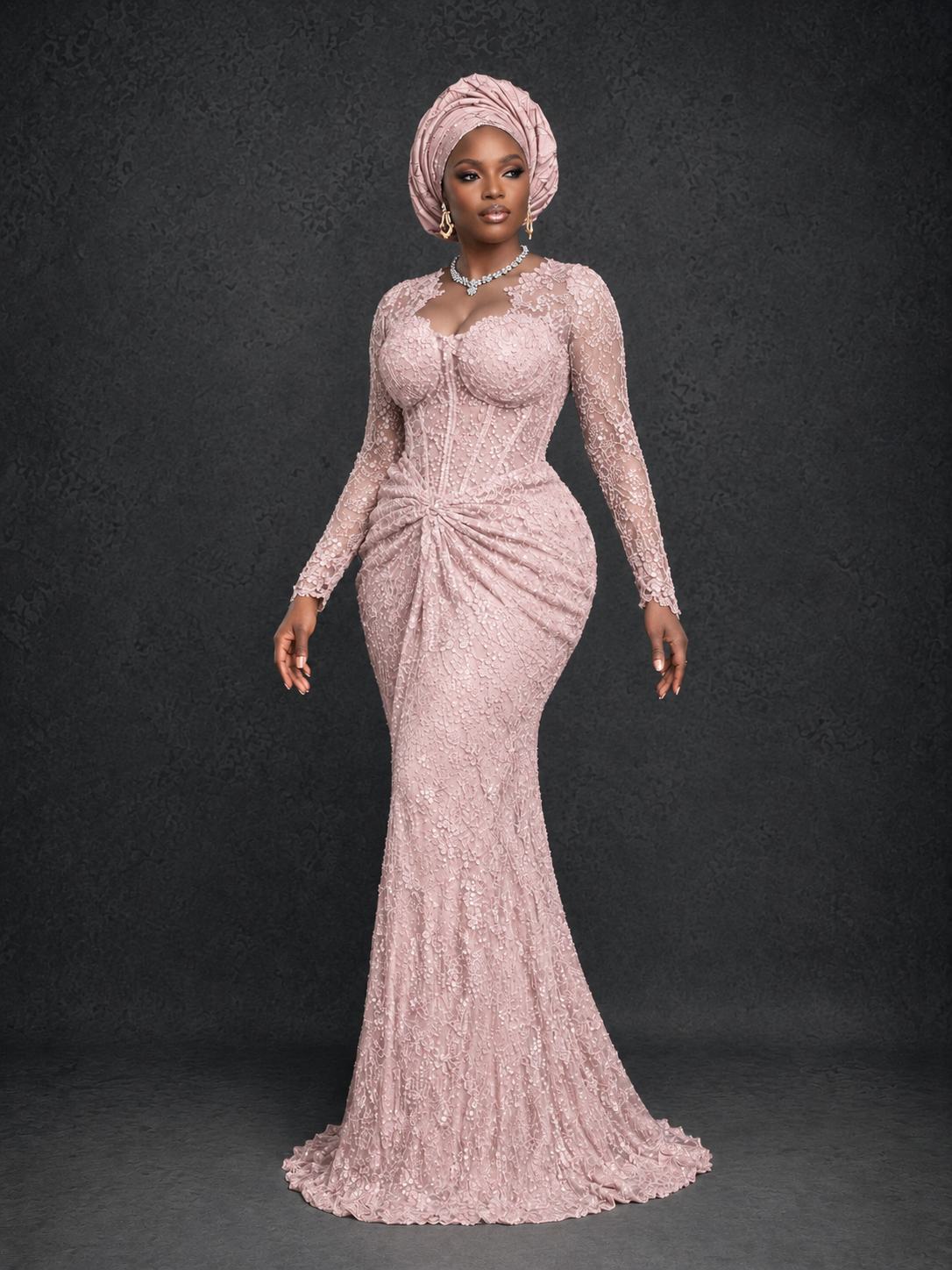 BOLODOO Blush Pink Beaded Lace Long Sleeve Mermaid Gown Sweetheart | Mother of the Bride - Blush Pink