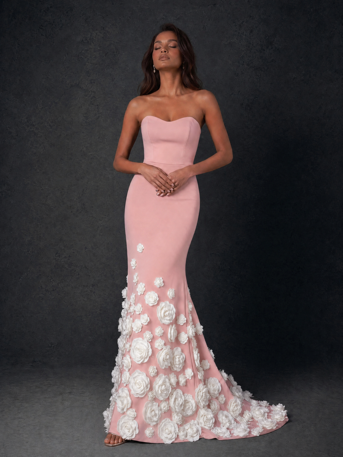 BOLODOO Blush Pink Sweetheart Strapless Crepe Mermaid Gown with Blush Pink 3D Rose Floral Appliqué Skirt and Open Back - Blush Pink