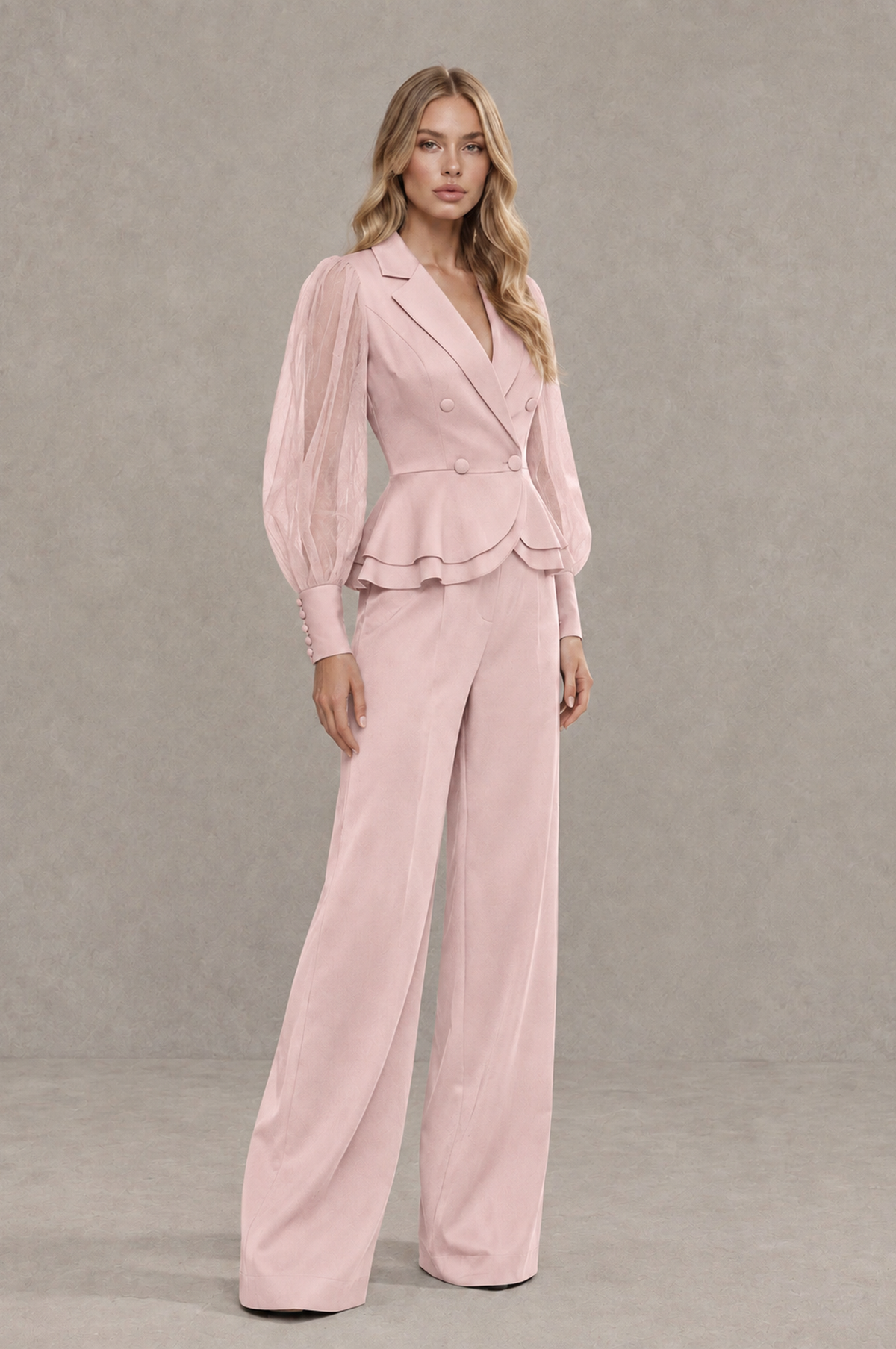 BOLODOO Mint Blush Pink Peplum Blazer Wide-Leg Pantsuit with Sheer Puff Sleeves - Blush Pink