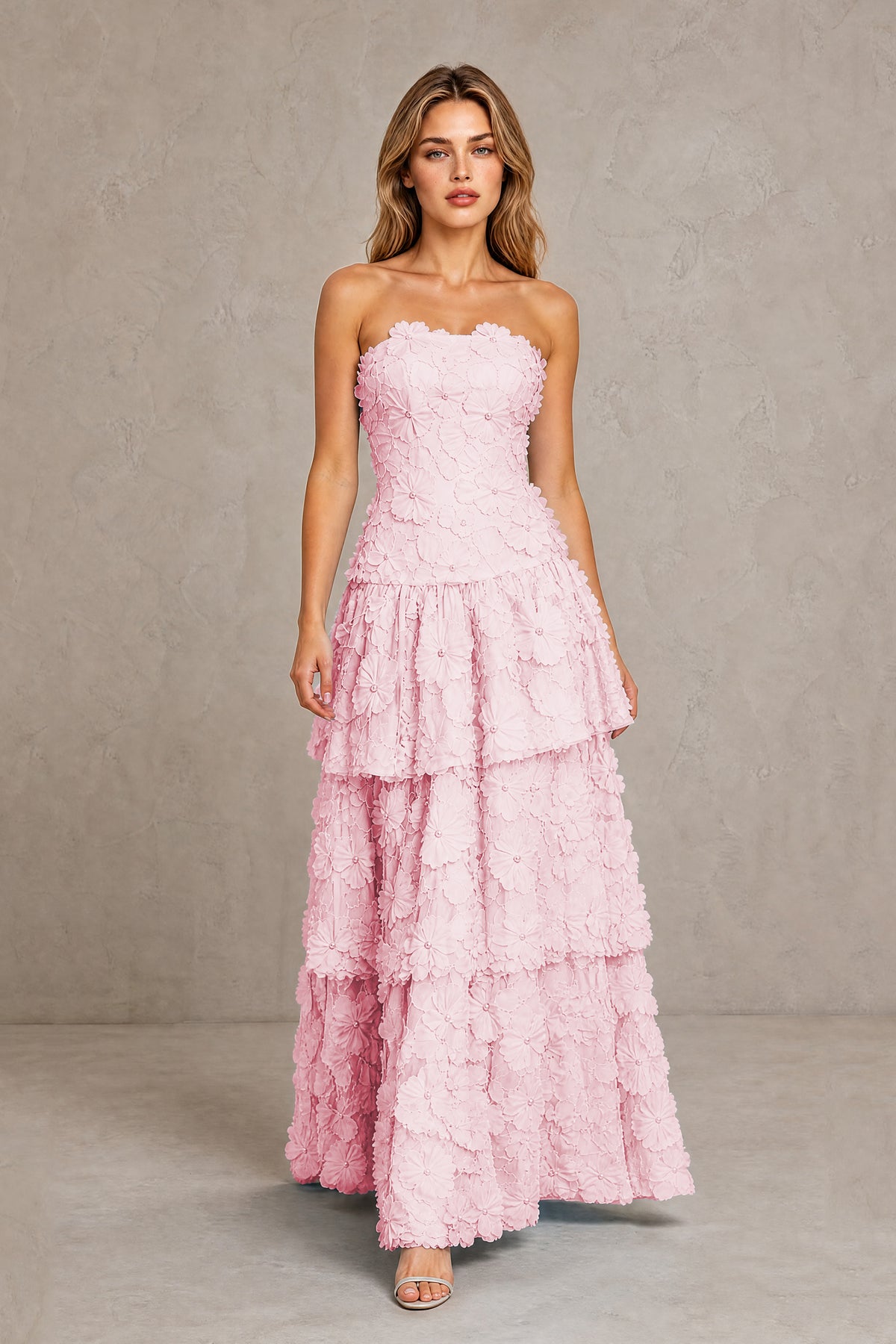 BOLODOO Blush Pink Strapless 3D Floral Tiered Evening Gown - Blush Pink