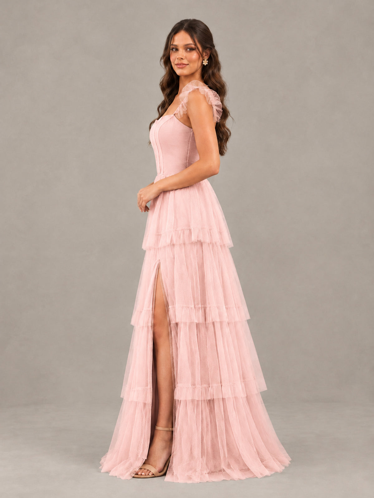 BOLODOO Blush Pink Tiered Tulle Bridesmaid Dress with Slit - Blush Pink - Blush Pink (3)