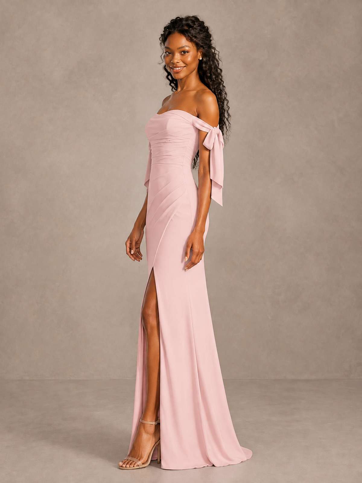 Blush Pink Off-Shoulder Bow Bridesmaid Dress with Slit - Blush Pink - Blush Pink (3)