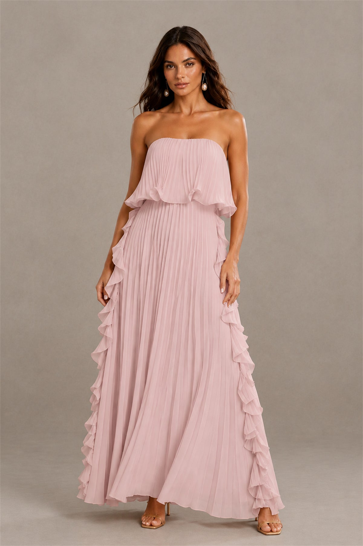 BOLODOO Blush Pink Strapless Ruffle Bodice Dual Cascading Ruffle Accordion Pleated Chiffon Maxi Dress - Blush Pink