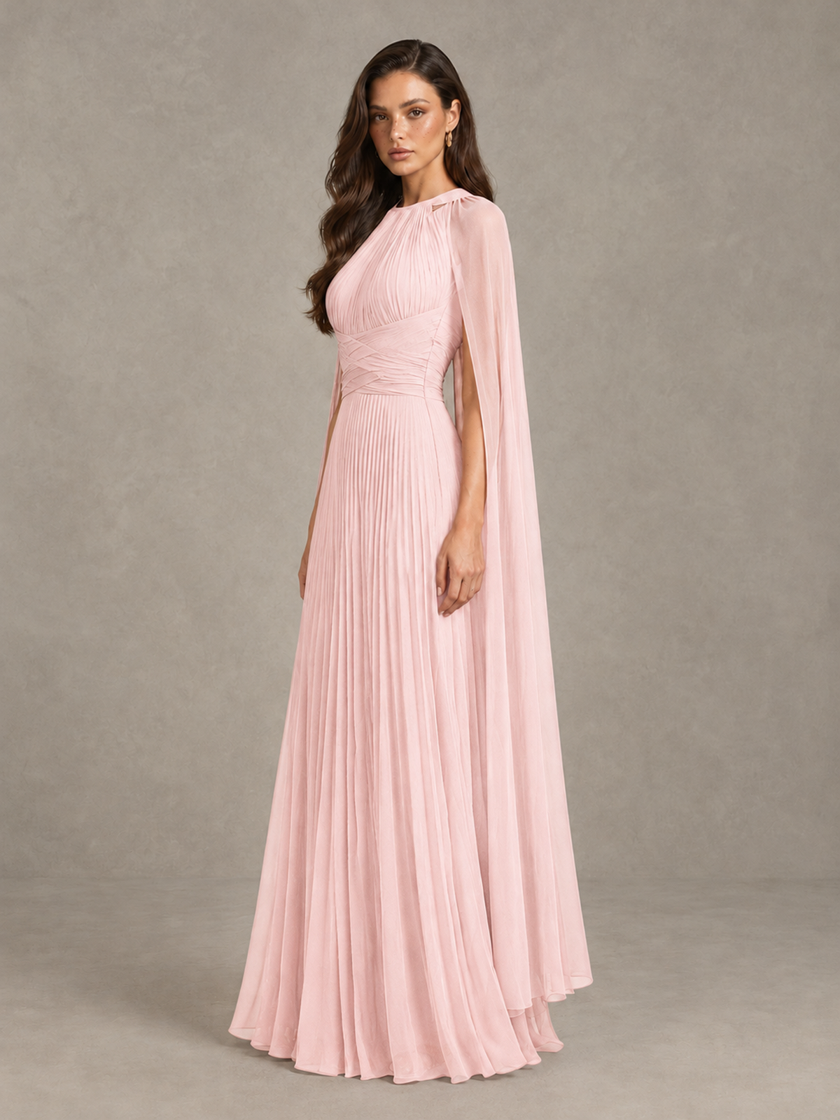 BOLODOO Blush Pink Pleated Cape Maxi Wedding Guest Dress - Blush Pink - Blush Pink (3)