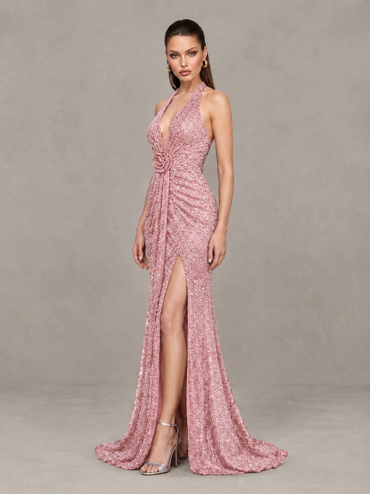 BOLODOO Blush Pink Sequin Halter Open Back Evening Gown with High Slit - Blush Pink - Blush Pink (3)