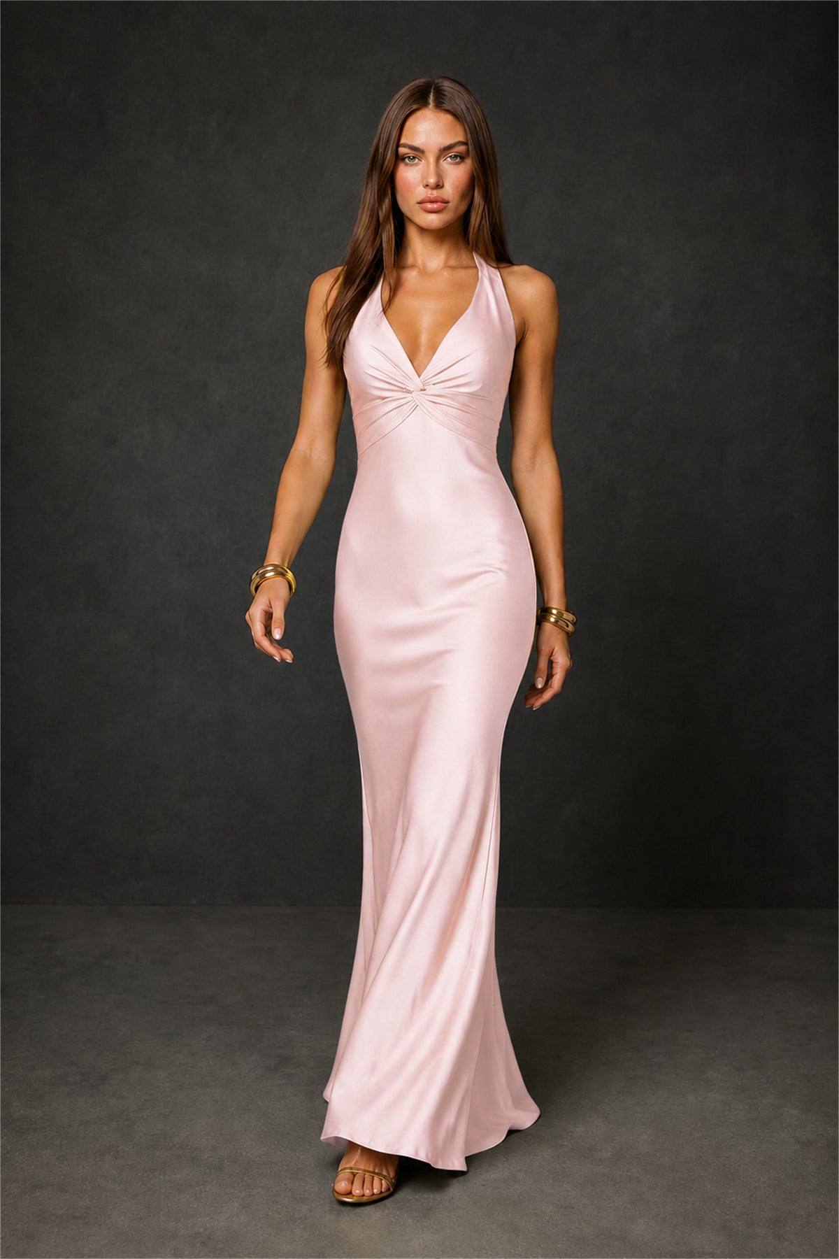 BOLODOO Blush Pink Deep V Neck Twisted Knot Multi-Strap Halter Open Back Satin Mermaid Maxi Dress - Blush Pink