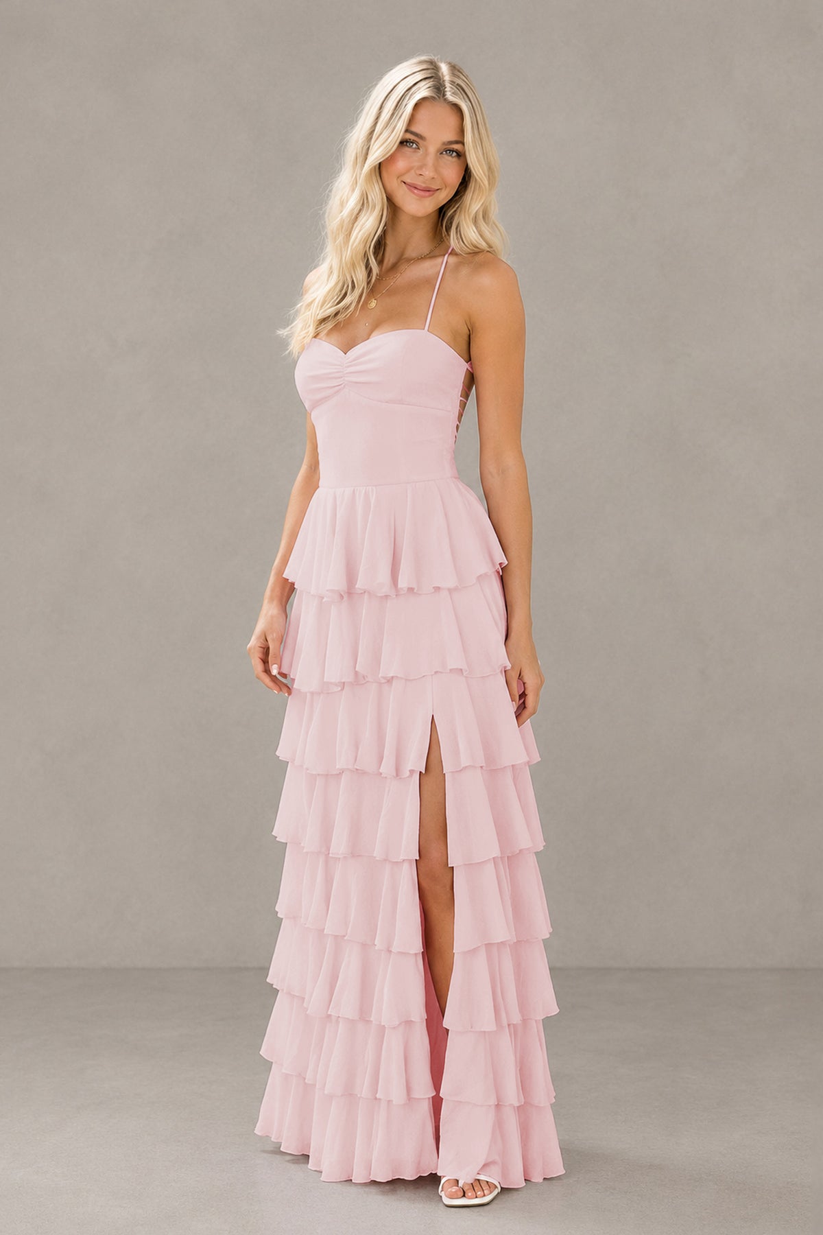 BOLODOO Blush Pink Strapless Tiered Ruffle Maxi Dress with Slit & Lace-Up Back - Blush Pink