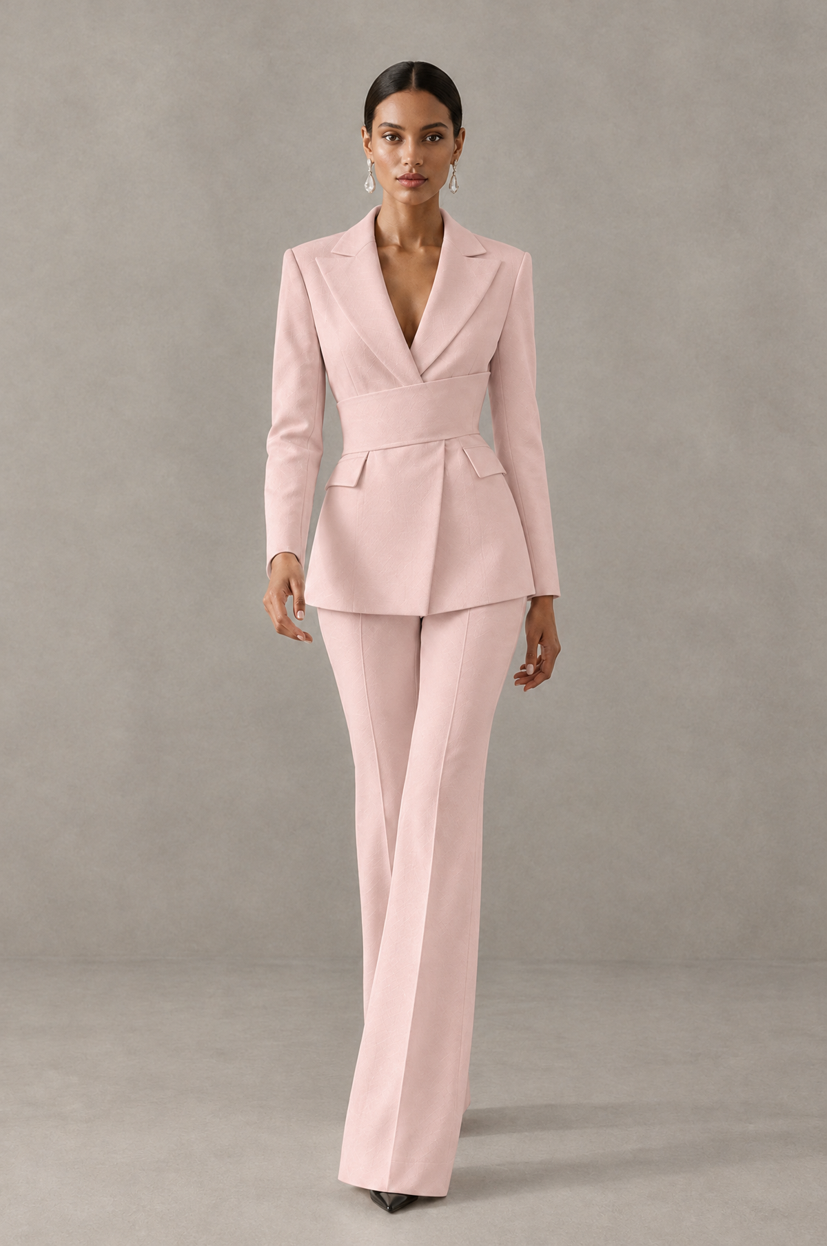 BOLODOO Blush Pink Two-Piece Pantsuit with Tailored Blazer & Flared Pants - Blush Pink - Blush Pink (3)