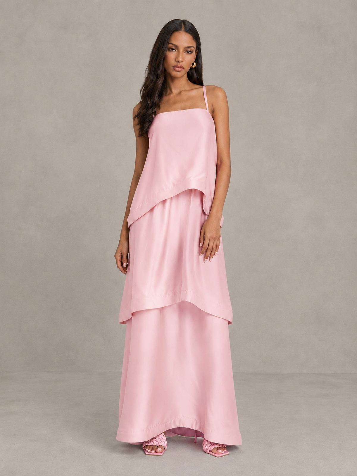 BOLODOO Blush Pink Satin Tiered Maxi Dress with Spaghetti Straps - Blush Pink