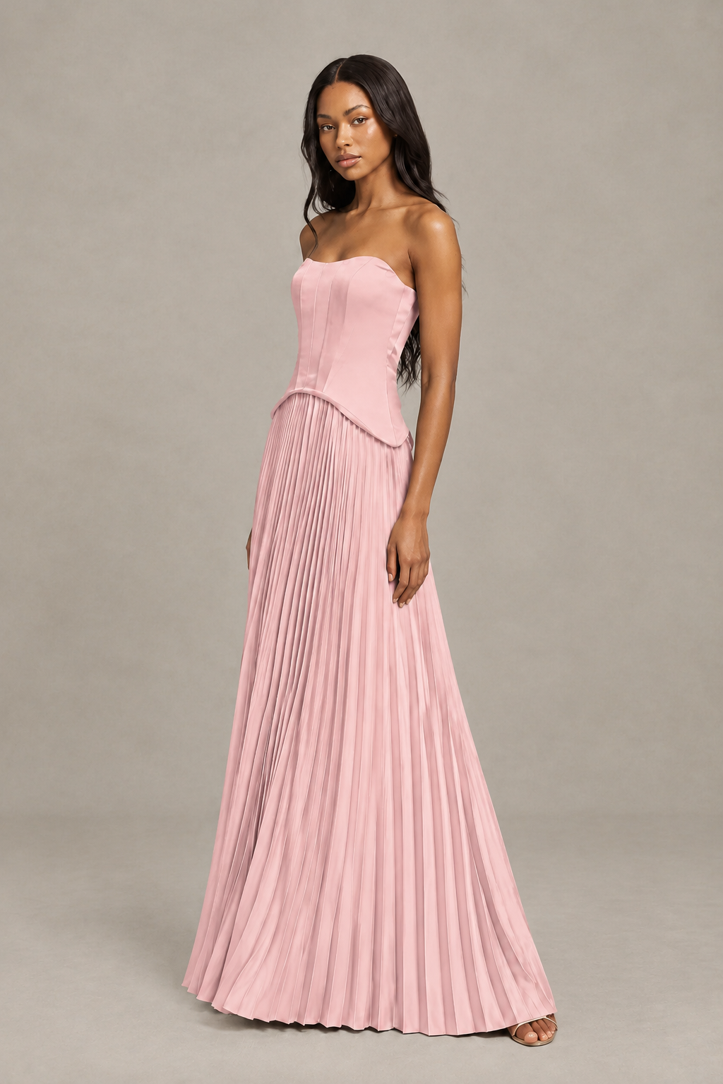 BOLODOO Blush Pink Strapless Pleated Satin Evening Prom Dress - Blush Pink