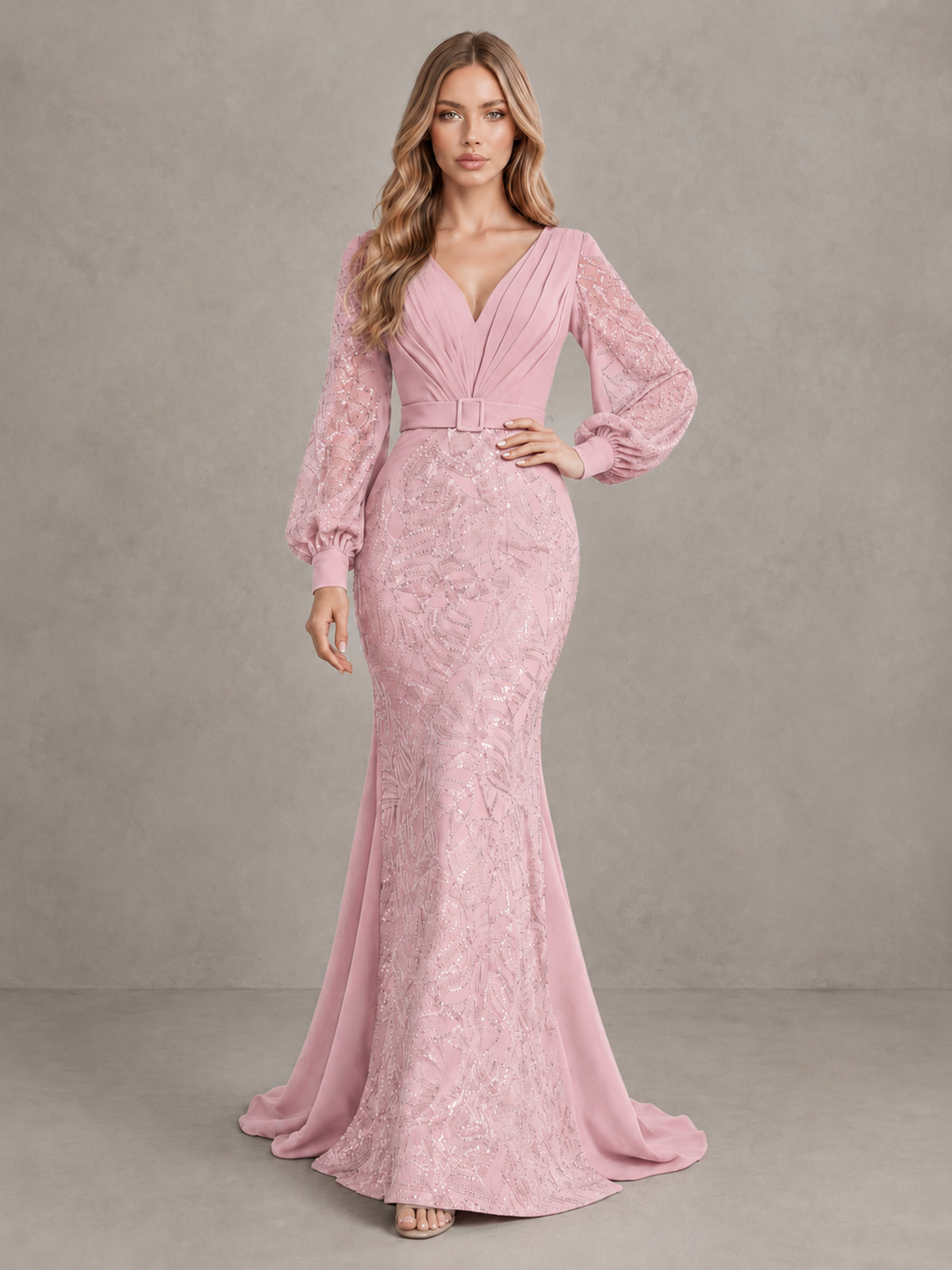 BOLODOO Blush Pink Sequin Long Bishop Sleeve Mermaid Evening Dress - Blush Pink - Blush Pink (3)
