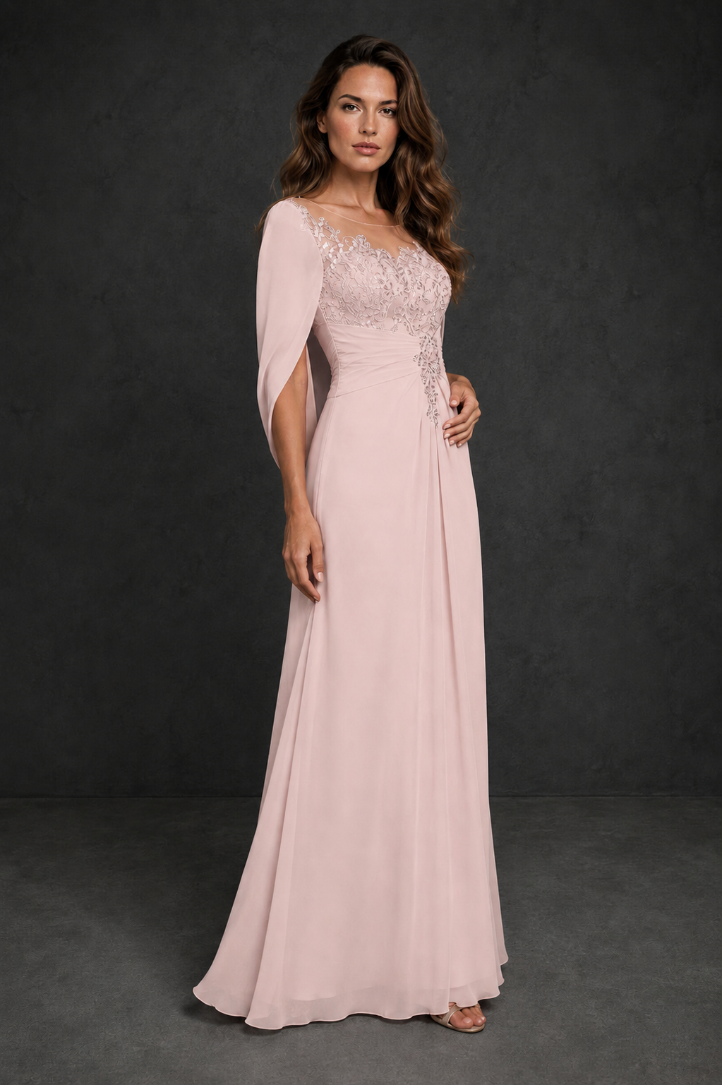 BOLODOO Blush Pink Illusion Lace One-Side Cape Sleeve Beaded Chiffon Floor Length Gown | Mother of the Bride Evening Dress - Blush Pink - Blush Pink