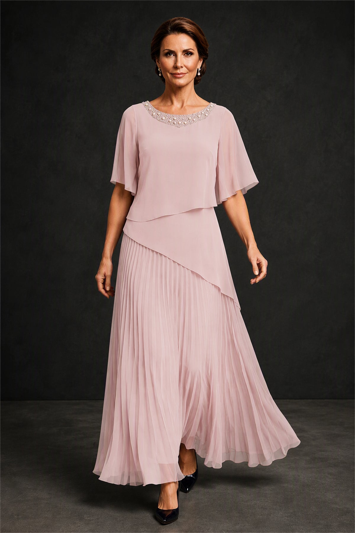 BOLODOO Blush Pink Pearl Beaded Neck Asymmetric Tiered Flutter Sleeve Pleated Chiffon Maxi Dress - Blush Pink