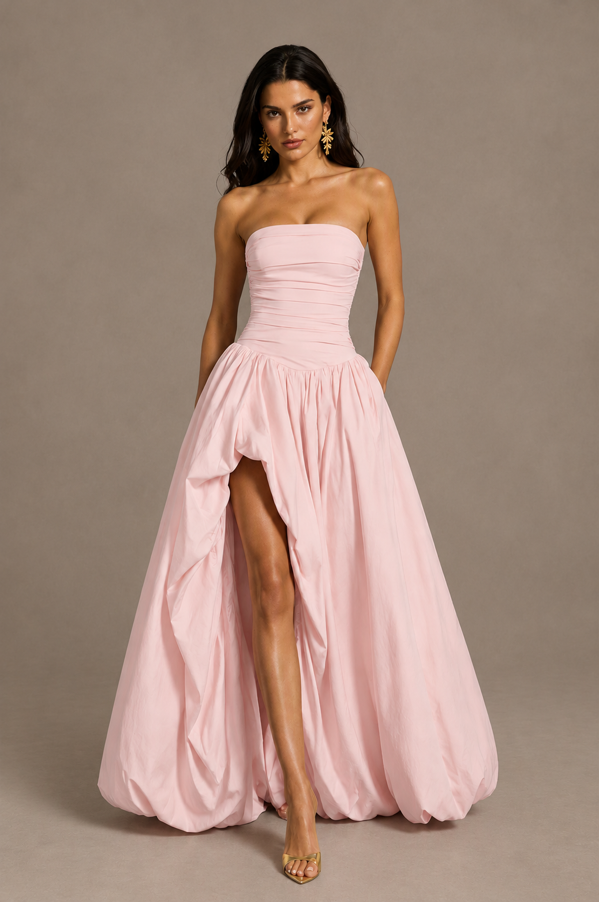 BOLODOO Blush Pink Strapless Ruched Corset Lace-Up Back Bubble Skirt High Slit Taffeta Maxi Dress - Blush Pink