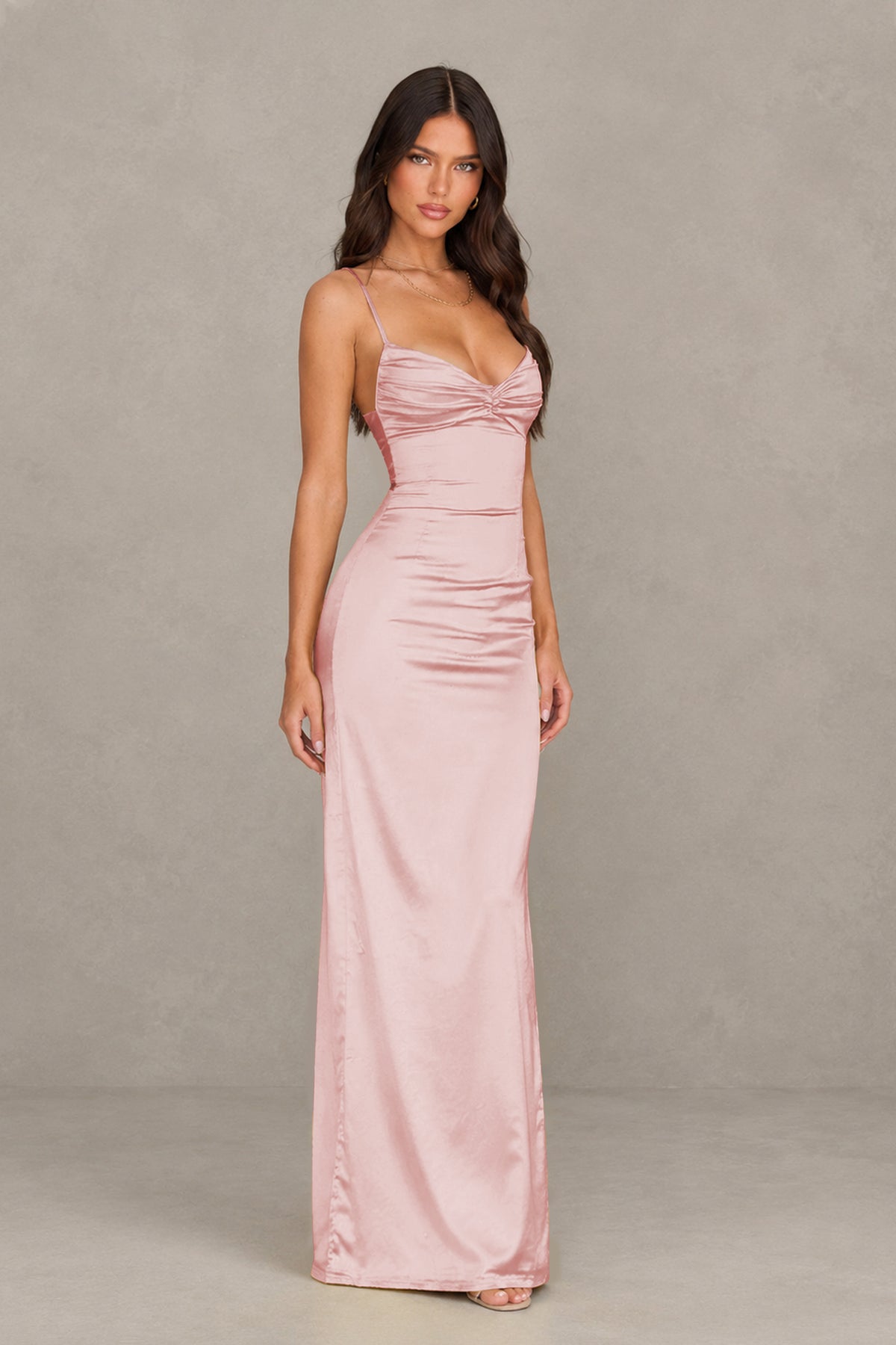 BOLODOO Blush Pink Satin Cowl Neck Open Back Mermaid Maxi Dress with Side Slit - Blush Pink