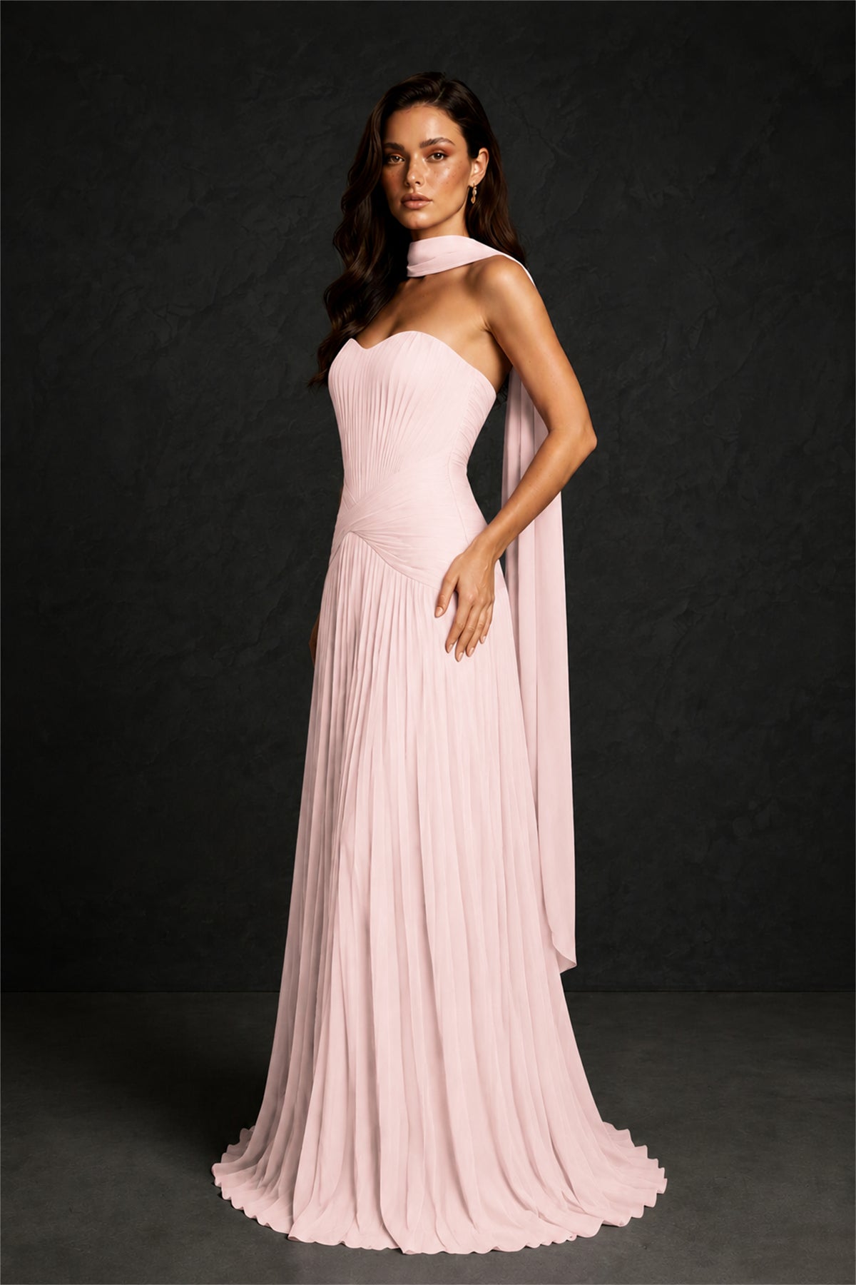 BOLODOO Blush Pink Sweetheart Strapless Neck Scarf Pleated Backless A-Line Chiffon Maxi Dress - Blush Pink