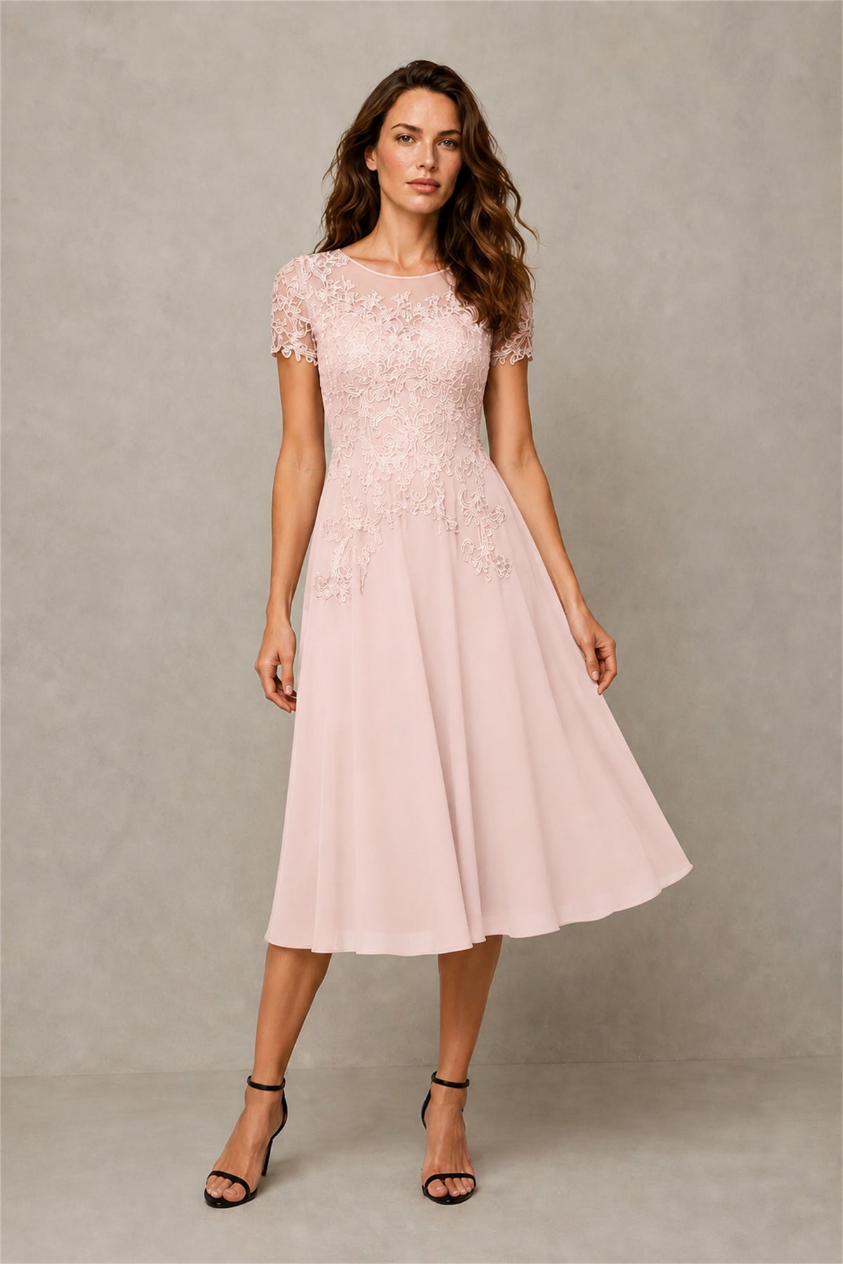 BOLODOO Steel Blush Pink Beaded Lace Illusion Bodice Chiffon Tea-Length Dress | Mother of the Bride & Cocktail Party - Blush Pink