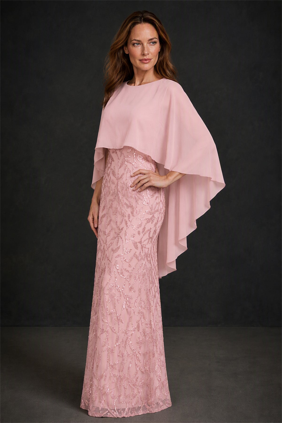 BOLODOO Blush Pink Round Neck Chiffon Cape Overlay Sequin Lace Mermaid Maxi Dress - Blush Pink