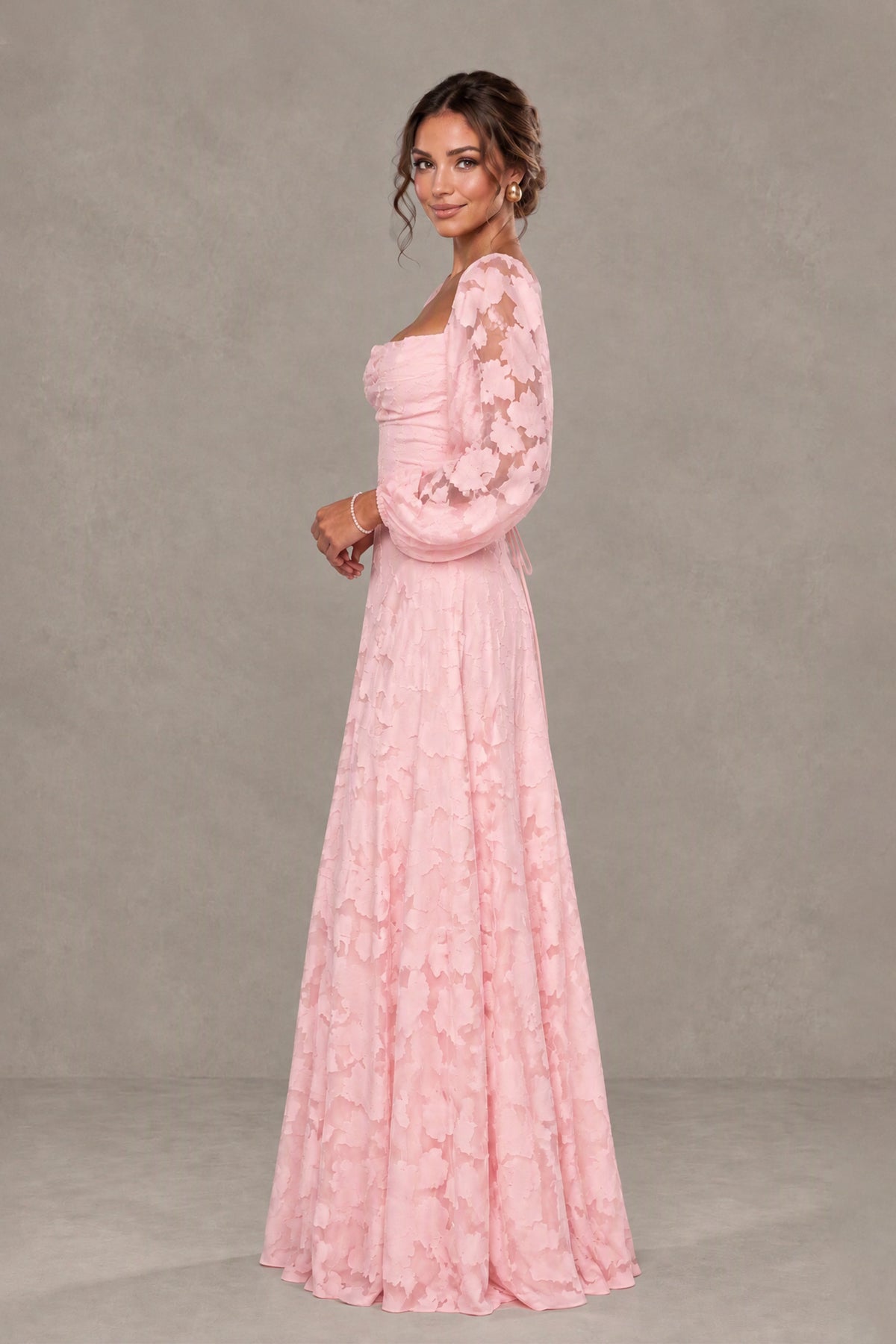 BOLODOO Floral Blush Pink Long Sleeve A-Line Dress with Lace-Up Back - Blush Pink
