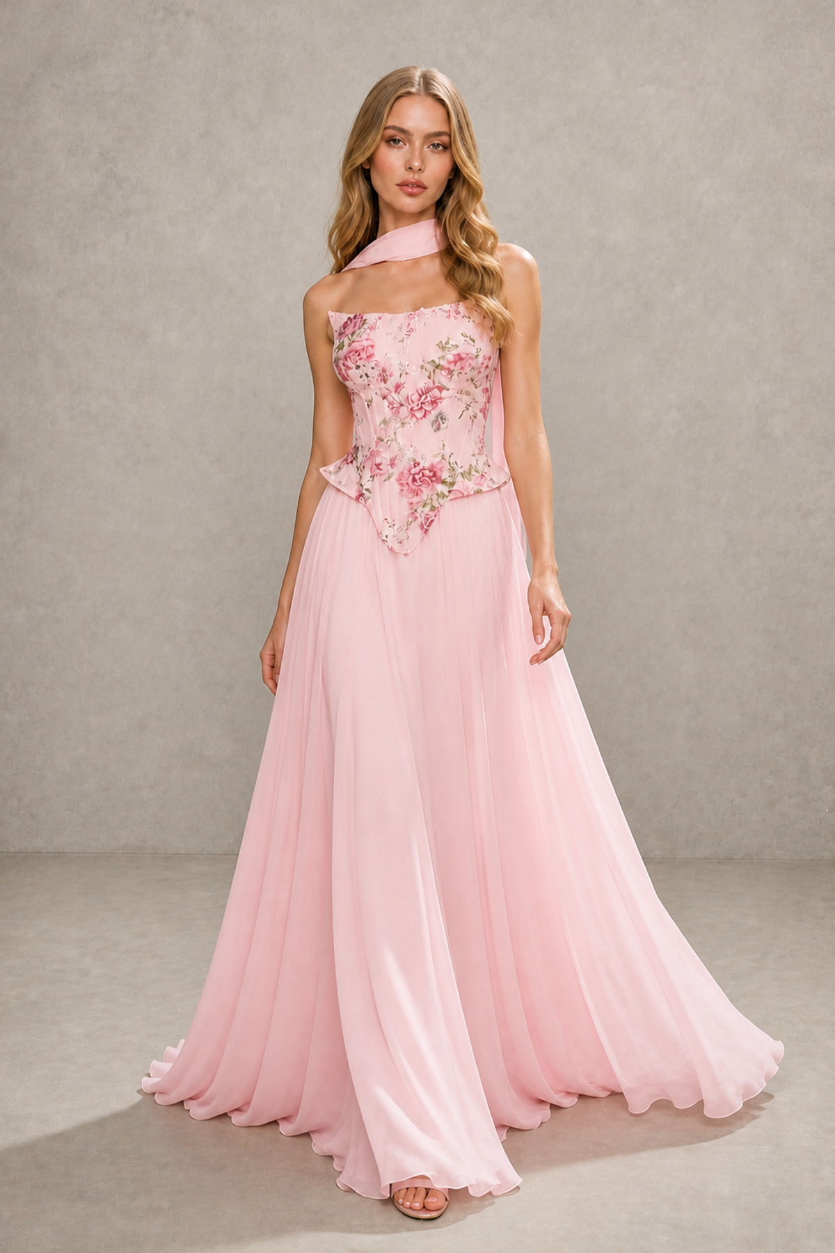 Blush Pink Floral Embroidered Corset Halter Neck Open Back Chiffon Maxi Gown - Blush Pink