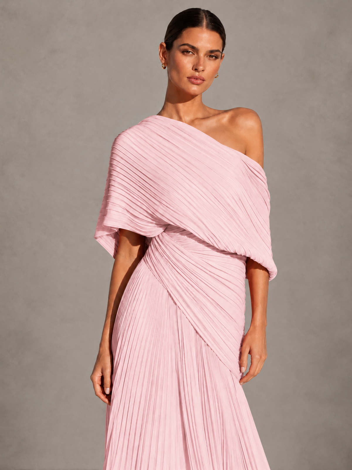 BOLODOO Blush Pink One-Shoulder Pleated Cape Evening Gown with Train - Blush Pink - Blush Pink (3)