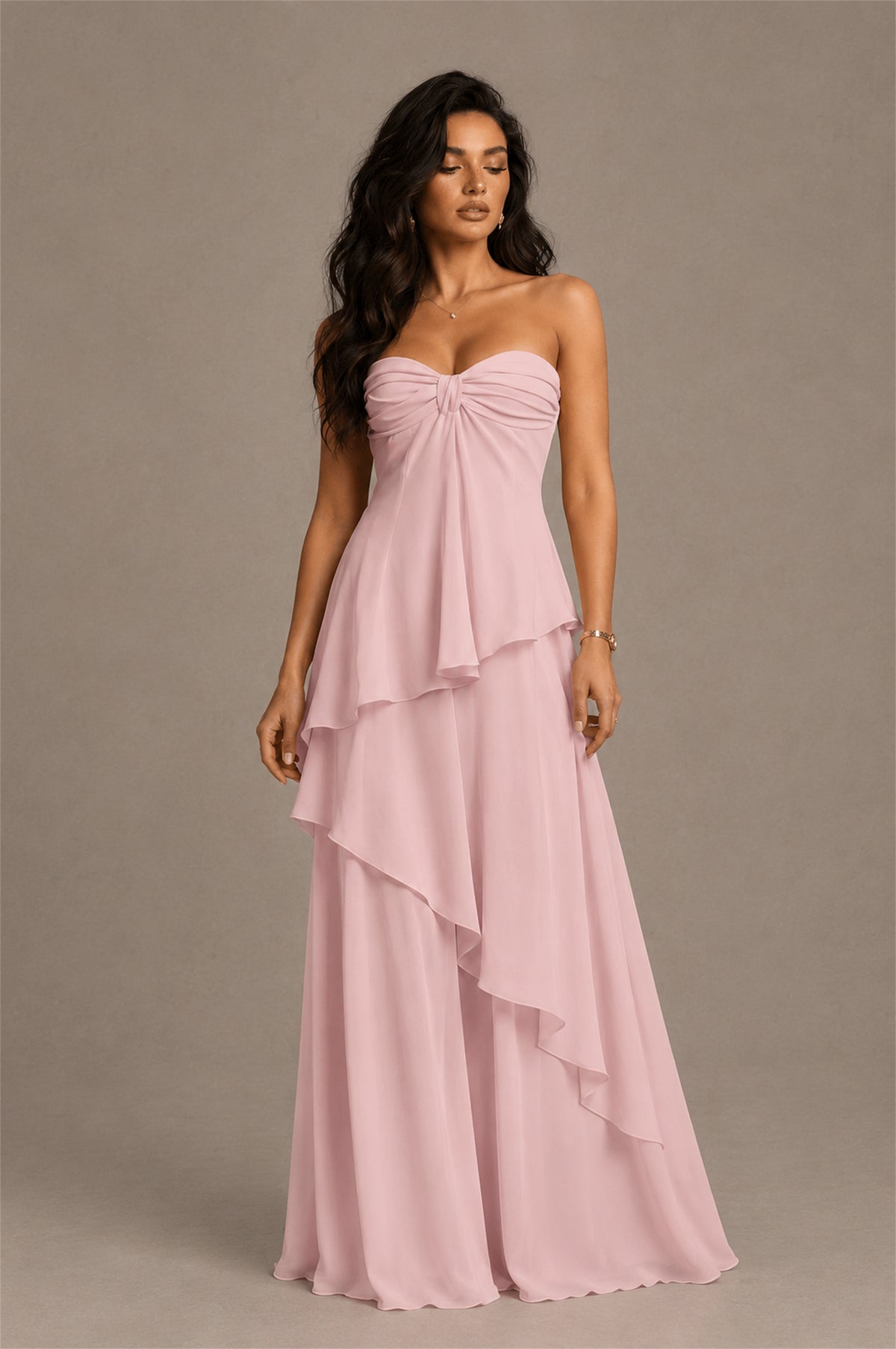 BOLODOO Blush Pink Strapless Sweetheart Knotted Chiffon Tiered Maxi Dress with Lace-Up Back - Blush Pink