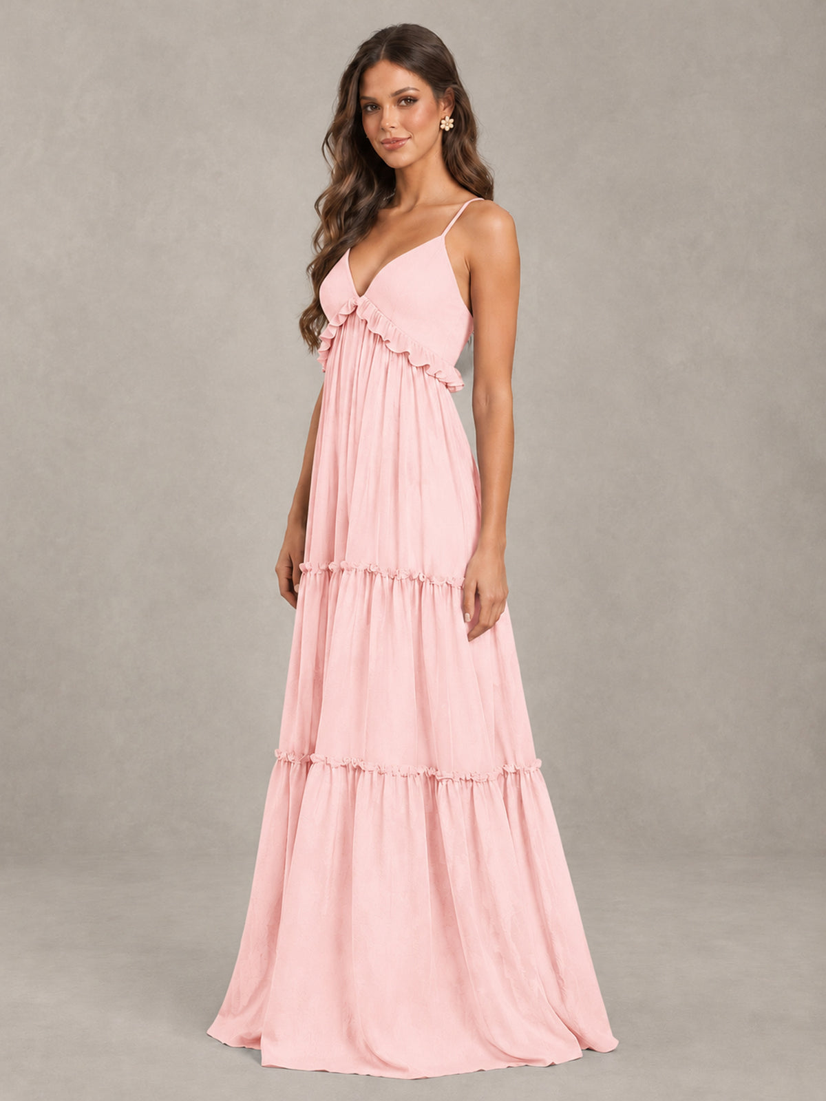 BOLODOO Blush Pink Tiered V-Neck Lace-Up Back Bridesmaid Dress - Blush Pink - Blush Pink (3)