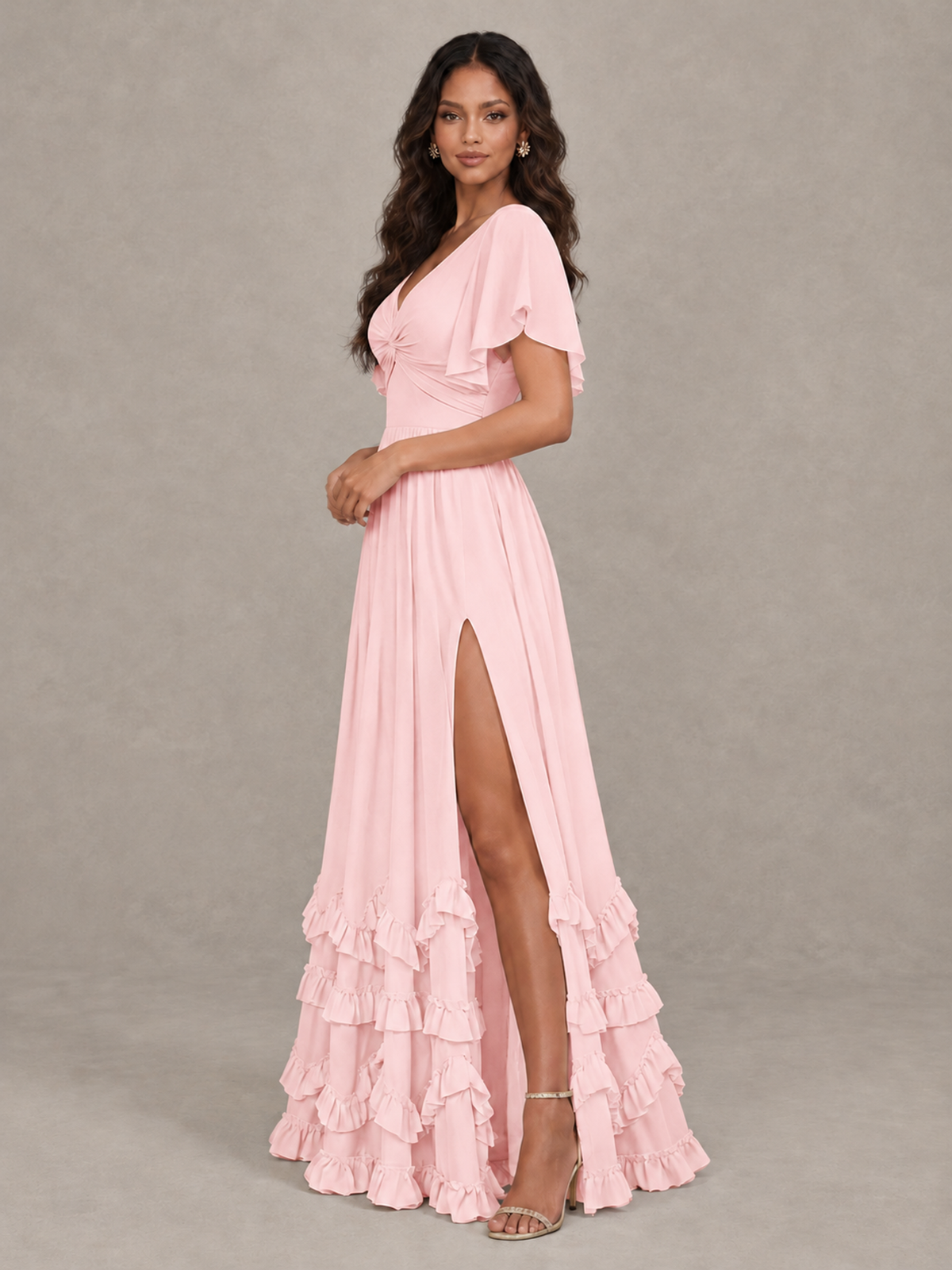 BOLODOO Blush Pink V-Neck Flutter Sleeve Ruffle Bridesmaid Dress with Slit - Blush Pink - Blush Pink (3)