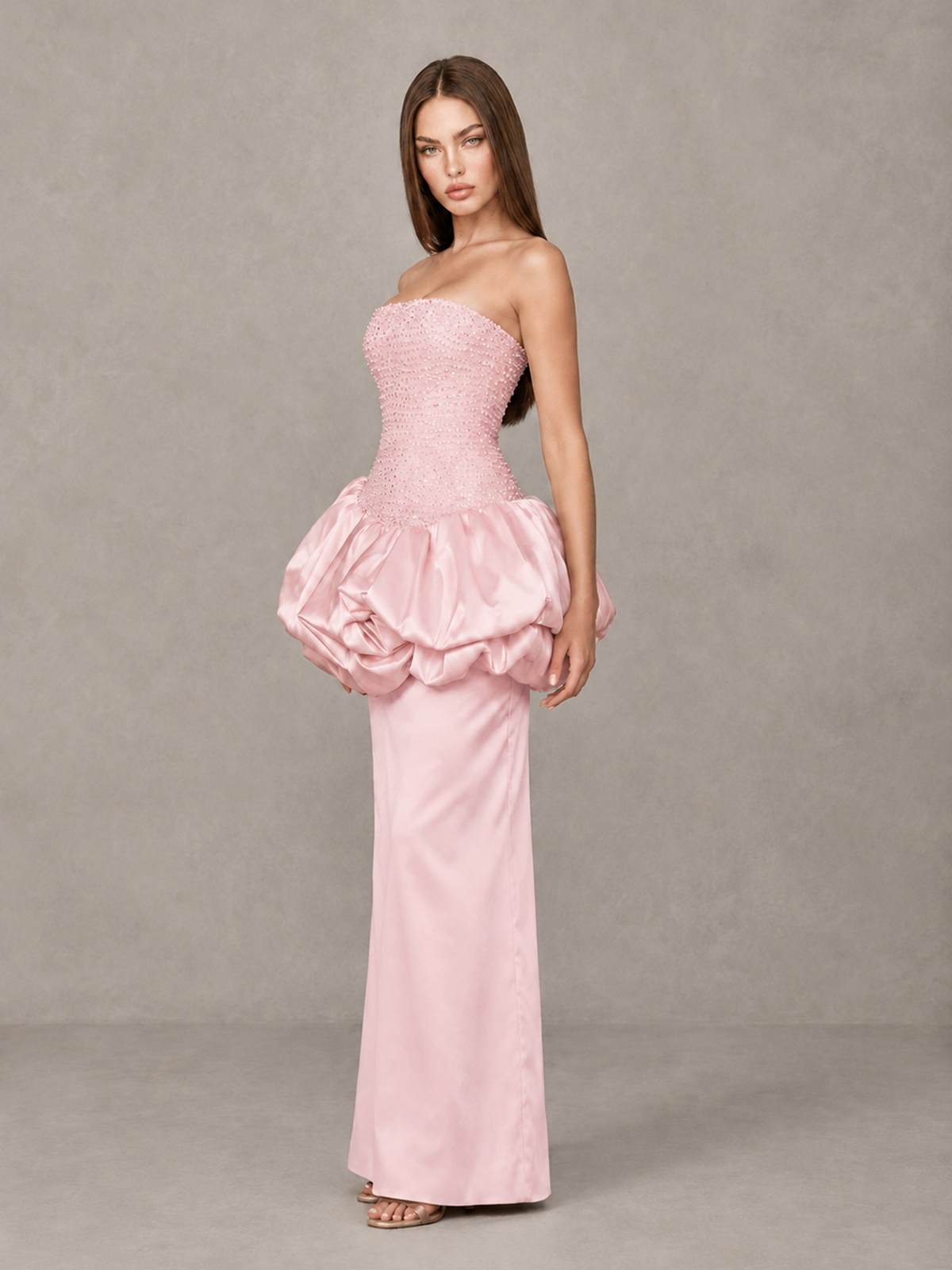 BOLODOO Blush Pink Strapless Embellished Bubble Peplum Evening Dress - Blush Pink - Blush Pink (3)