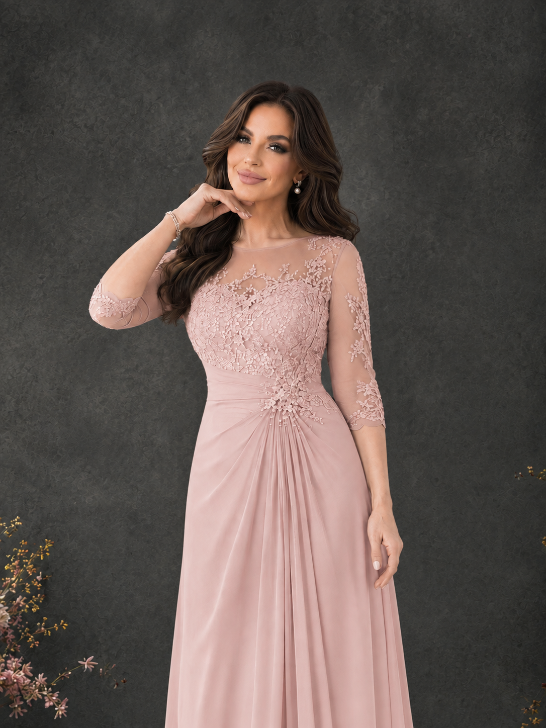 BOLODOO Blush Pink Chiffon Lace Illusion Neckline 3/4 Sleeve Floor Length Formal Gown - Blush Pink
