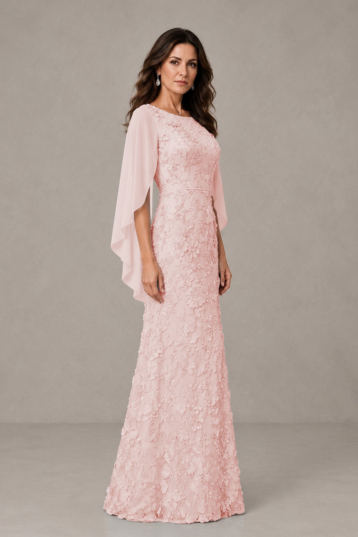BOLODOO Blush Pink Lace Mother of the Bride Dress with Cape Sleeves - Blush Pink