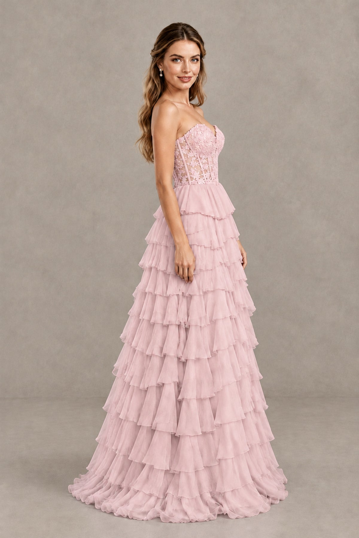 BOLODOO Blush Pink Strapless Lace Corset Tiered Ruffle Prom Dress with Slit - Blush Pink - Blush Pink (3)