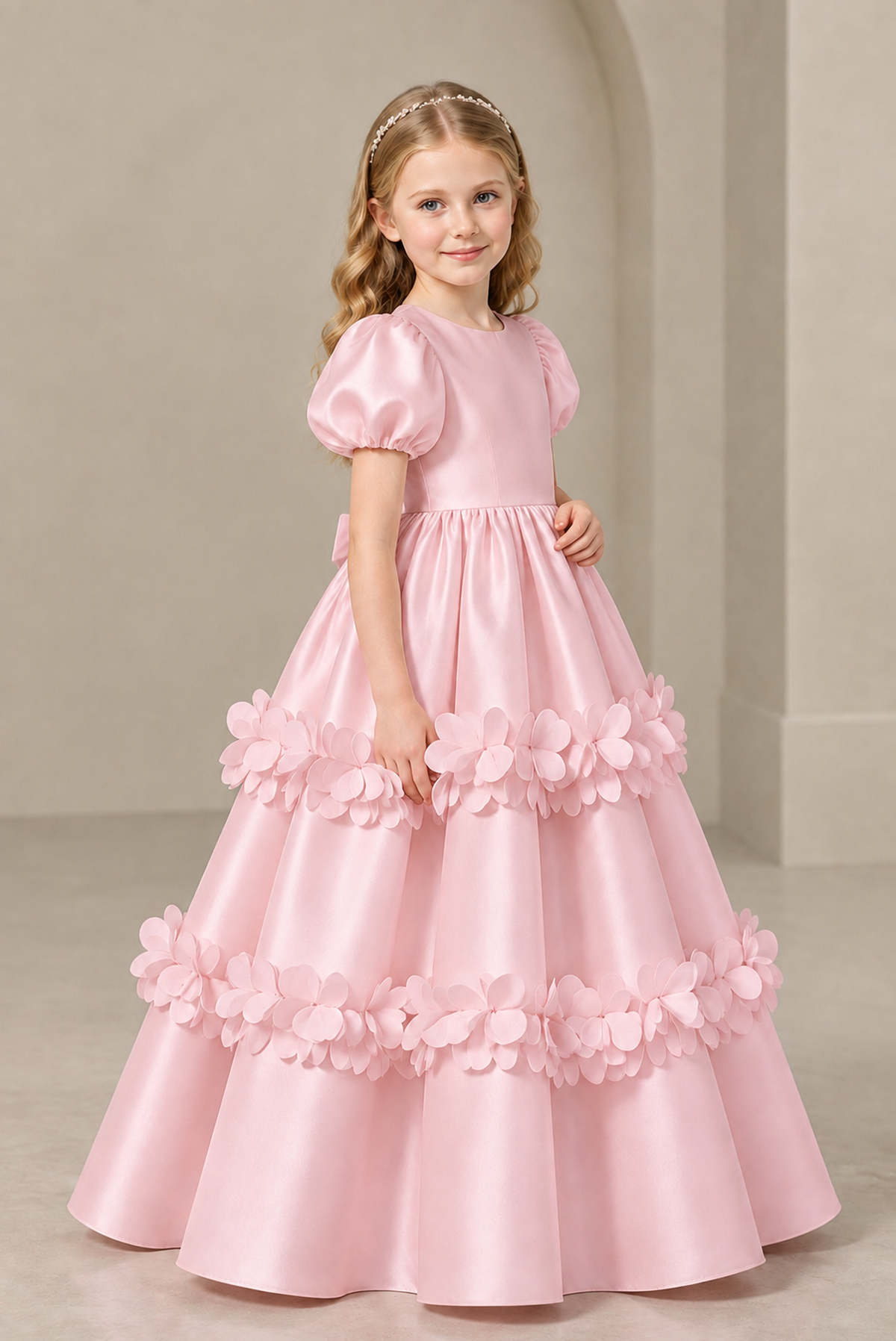 BOLODOO Blush Pink Satin Flower Girl Dress with Floral Appliques - Blush Pink