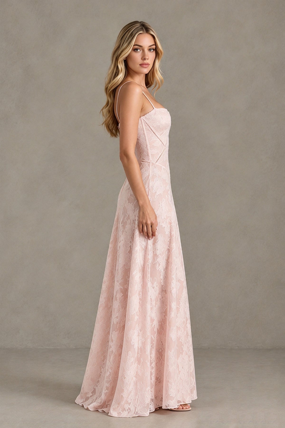 BOLODOO Blush Pink Floral Lace Wedding Guest Dress Spaghetti Straps Prom Dress - Blush Pink - Blush Pink (3)