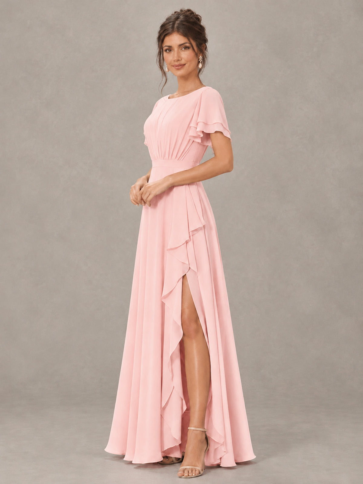 BOLODOO Blush Pink Flutter Sleeve Ruffle Bridesmaid Dress with Slit - Blush Pink - Blush Pink (3)