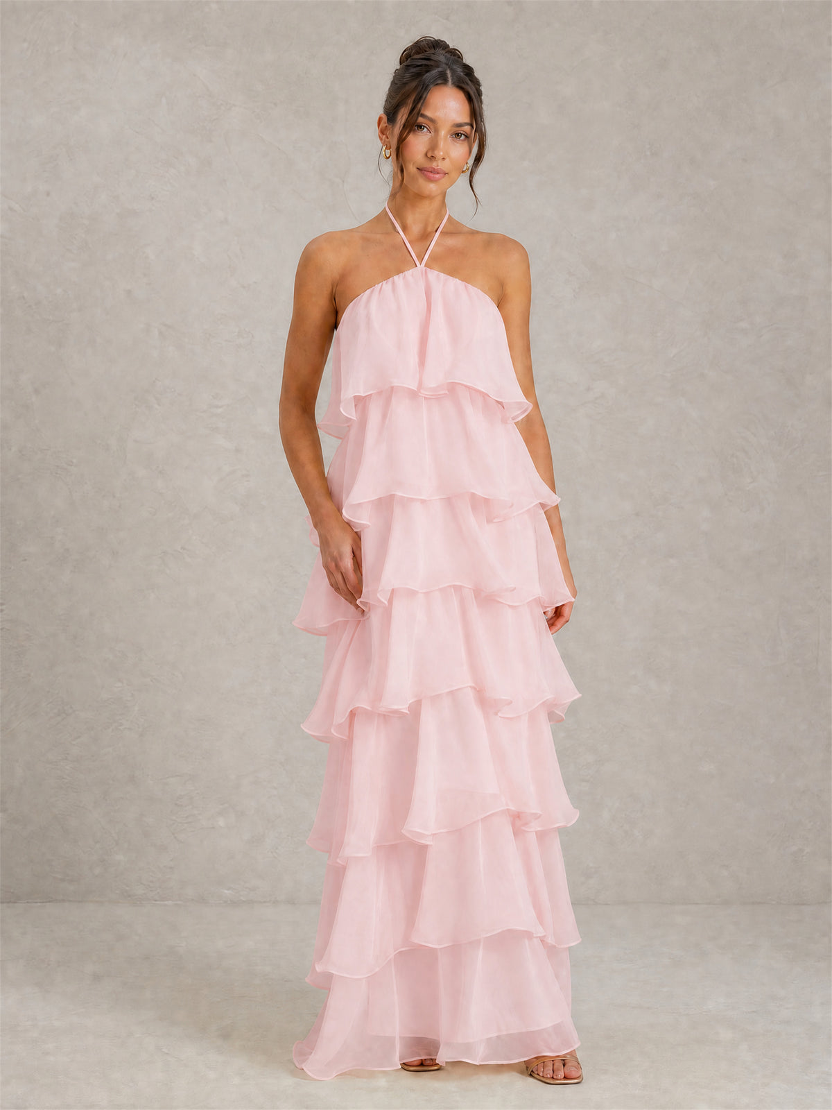 BOLODOO Blush Pink Halter Tiered Ruffle Chiffon Maxi Dress - Blush Pink