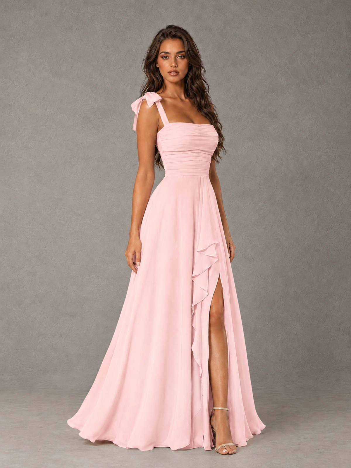 BOLODOO Blush Pink Bow-Strap Bridesmaid Dress with Ruffle Slit - Blush Pink - Blush Pink (3)