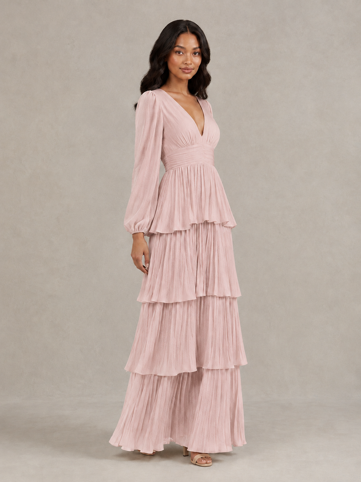 BOLODOO Blush Pink Long-Sleeve Tiered Maxi Dress with Deep V-Neck - Blush Pink
