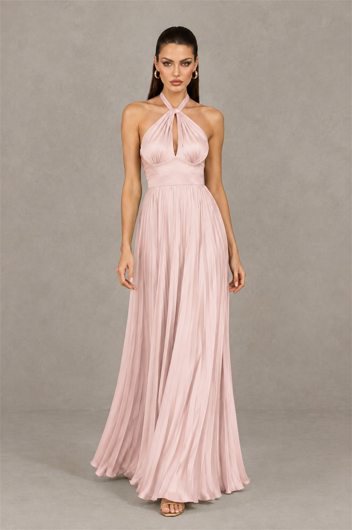 BOLODOO Blush Pink Halter Pleated A-Line Evening Dress - Blush Pink