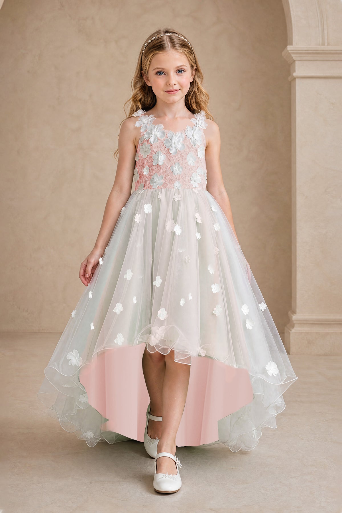 BOLODOO Blush Pink Flower Girl Dress with Floral Appliqué and High-Low Tulle Skirt - Blush Pink