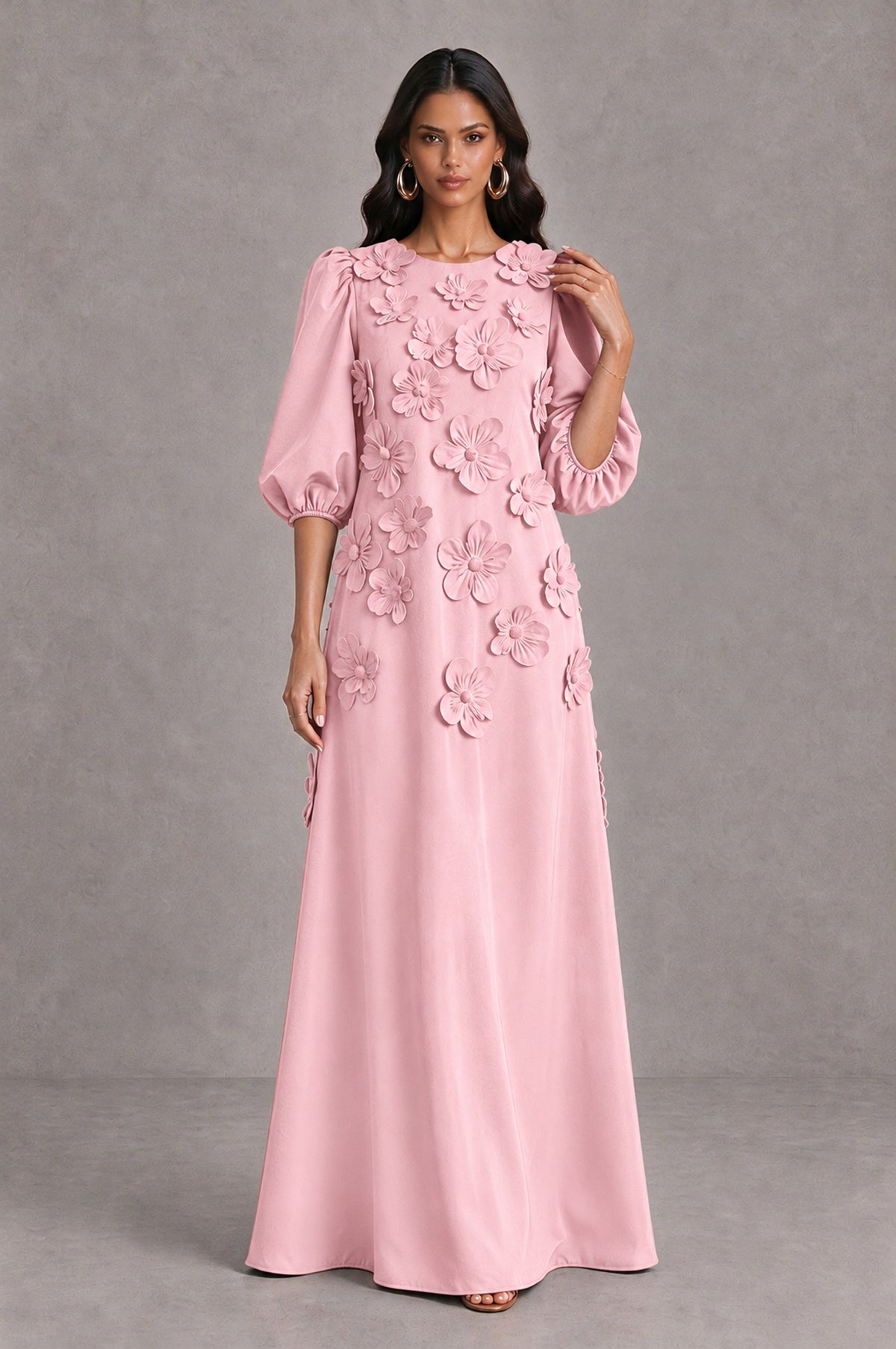 BOLODOO Blush Pink Floral Applique Puff Sleeve A-Line Evening Dress - Blush Pink - Blush Pink (3)
