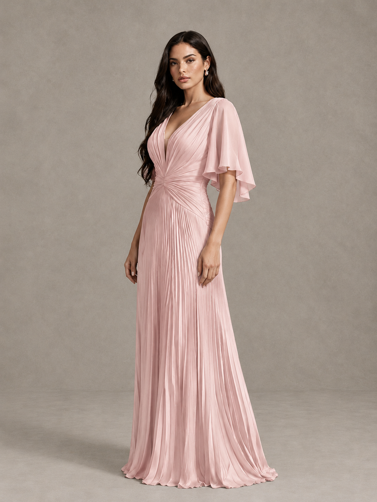 BOLODOO Blush Pink Pleated V-Neck Flutter Sleeve Bridesmaid Dress - Blush Pink - Blush Pink (3)