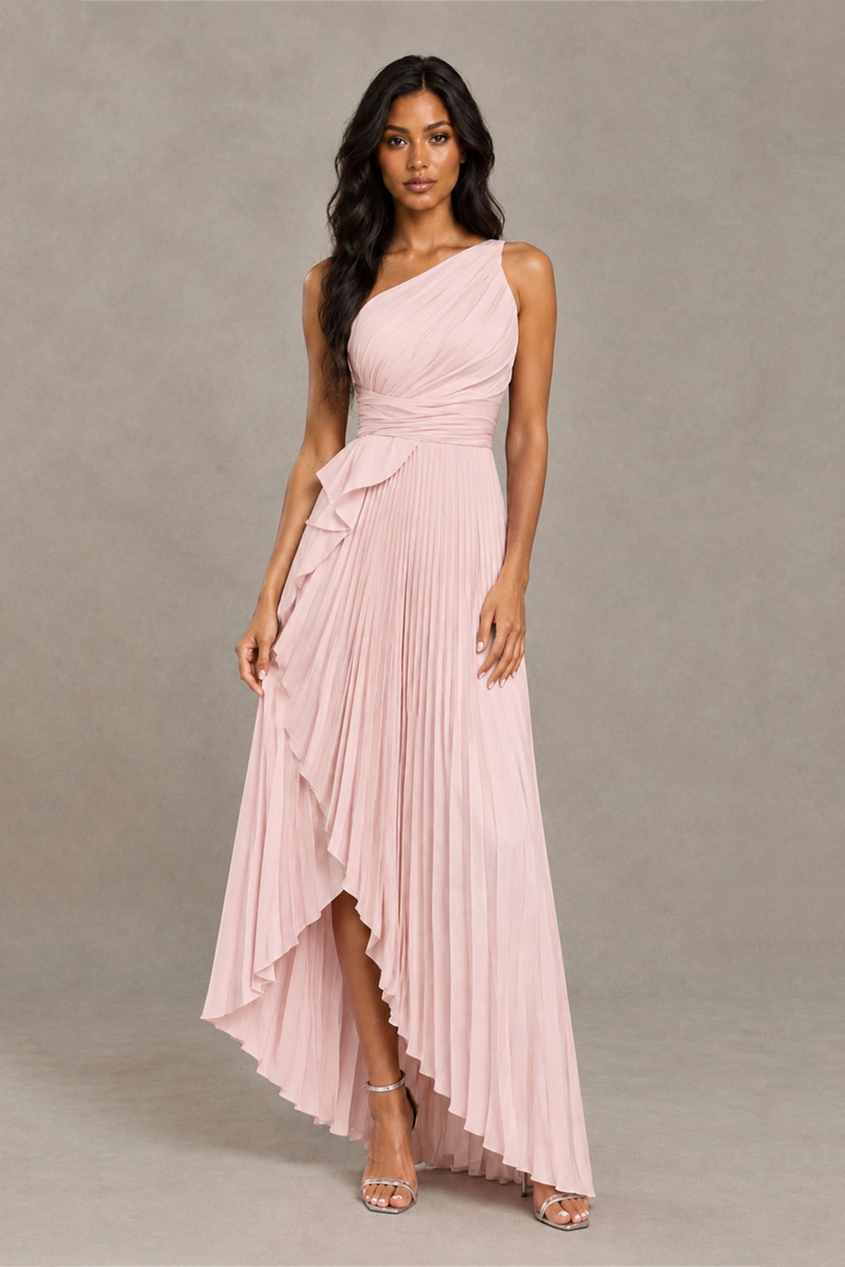 BOLODOO Blush Pink One-Shoulder High-Low Ruffle Maxi Dress - Blush Pink